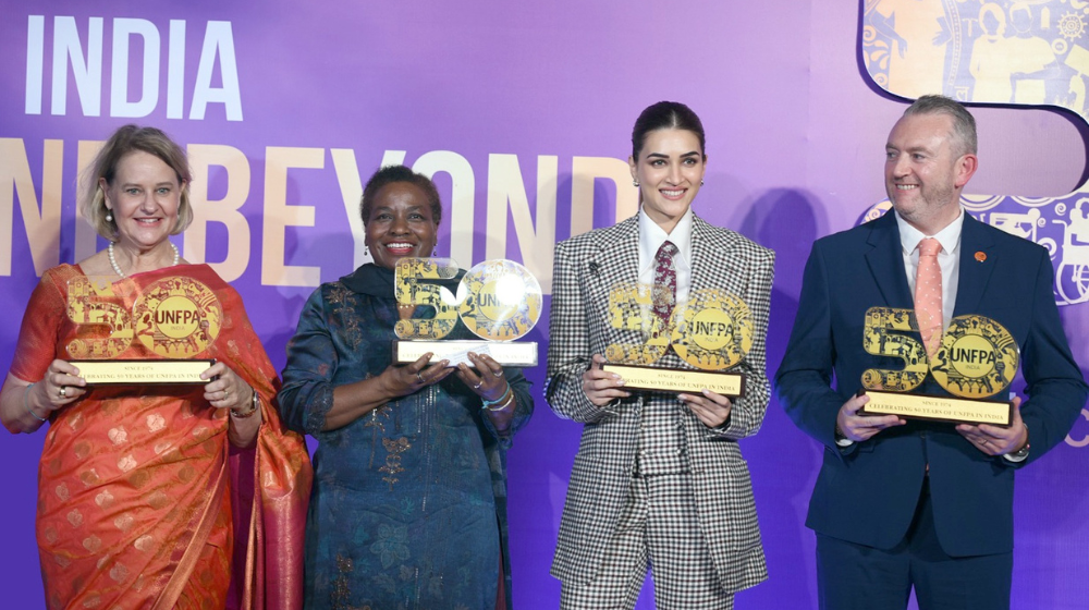 From Left—  Andrea M. Wojnar, UNFPA India Representative;  Dr. Natalia Kanem, UNFPA Executive Director; Kriti Sanon, Actor, Entrepreneur and Producer; Pio Smith, UNFPA Asia Pacific Regional Director