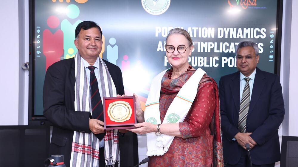 Andrea M. Wojnar, UNFPA India Representative (Right) with S.N Tripathi, Director General, Indian Institute of Public Administration (Right) at the launch of the online course on Population Dynamics and Public Policy, 