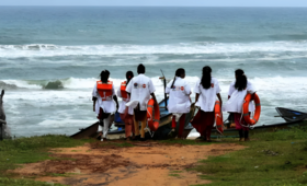 Girl trainees taking stock of the situation on the sea shore |  Image Courtesy: Sandipan Chatterjee