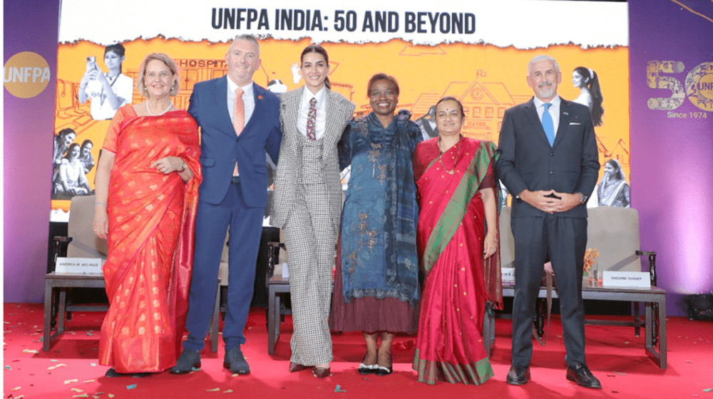 From Left—  Andrea M. Wojnar, UNFPA India Representative; Pio Smith, UNFPA Asia Pacific Regional Director; Kriti Sanon, Actor, Entrepreneur and Producer; Dr. Natalia Kanem, UNFPA Executive Director; Ms. Meeta Rajivlochan, Secretary, Ministry of Youth Affairs and Sports; Shombi Sharp, UN Resident Coordinator in India 