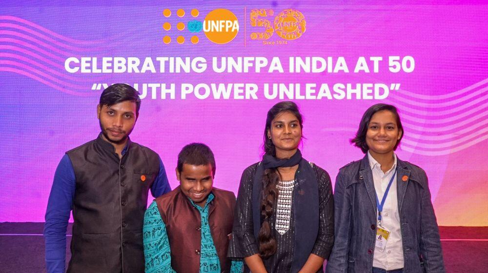 From left: Munna, Priyajit, Kavita, and Shivani at UNFPA India's 50th anniversary celebration on the theme, "Youth Power Unleashed."