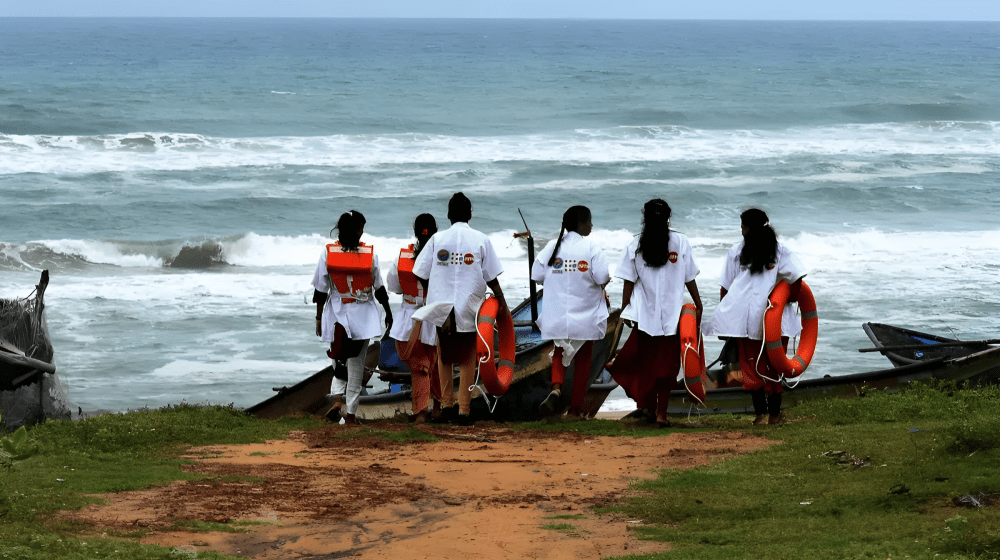 Girl trainees taking stock of the situation on the sea shore |  Image Courtesy: Sandipan Chatterjee