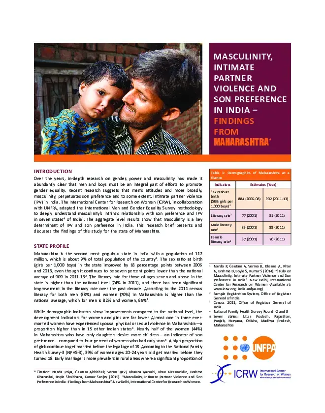 Masculinity, Intimate Partner Violence and Son Preference in India – Findings from Maharashtra