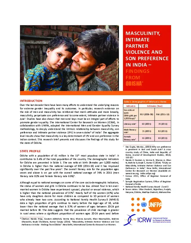 Masculinity, Intimate Partner Violence and Son Preference in India – Findings from Odisha