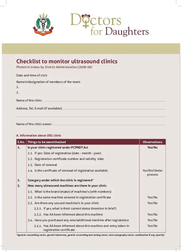 Doctors for Daughters - Checklist to monitor ultrasound clinics