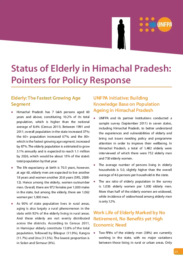 Policy Brief: Status of Elderly in Himachal Pradesh: Pointers for Policy Response