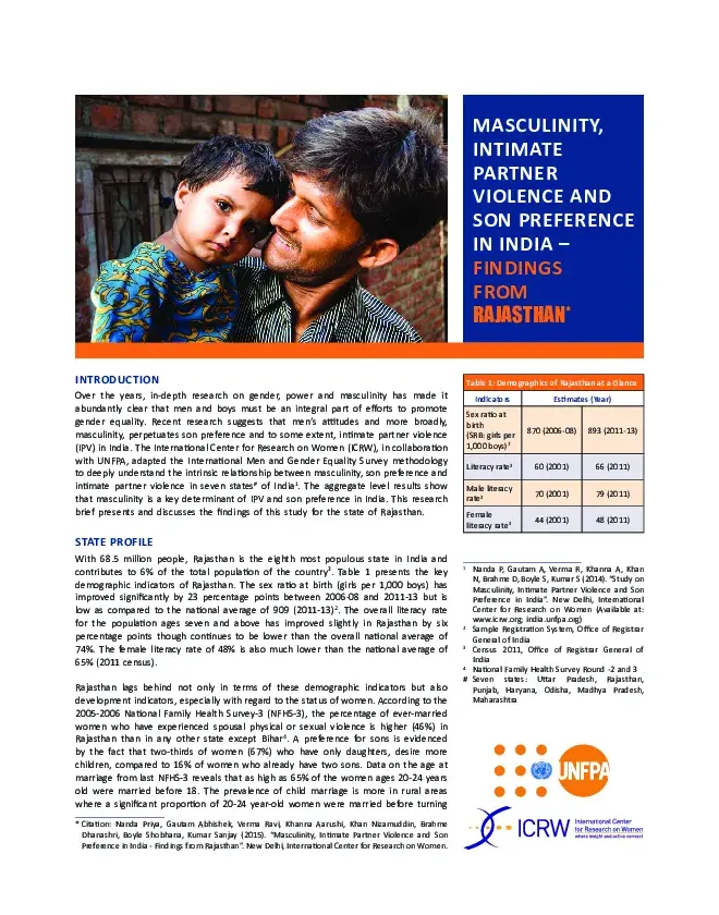 Masculinity, Intimate Partner Violence and Son Preference in India – Findings from Rajasthan