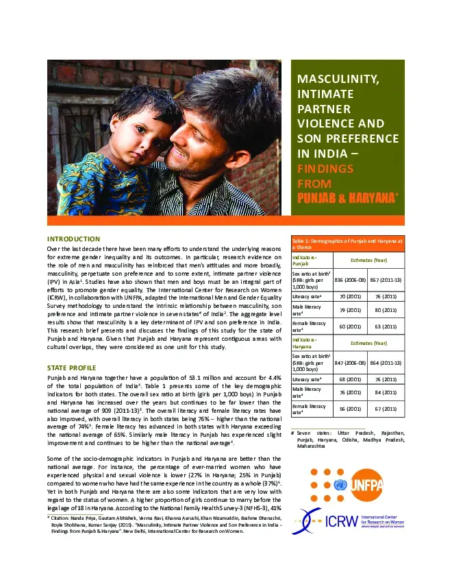 Masculinity, Intimate Partner Violence and Son Preference in India – Findings from Punjab & Haryana