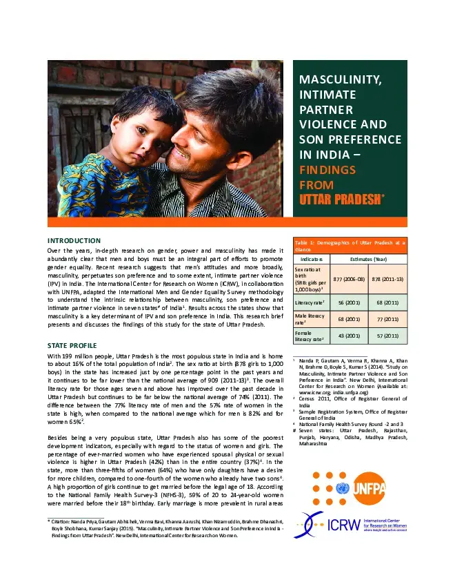 Masculinity, Intimate Partner Violence and Son Preference in India – Findings from Uttar Pradesh